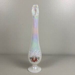 Fenton Vtg Hand Painted Iridescent White Milk Glass Heart Bud Vase Signed 11.5